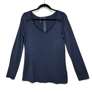 Camaieu Top Womens Large Scoop Neck Navy Blue Sheer Mesh Back Long Sleeve EUC